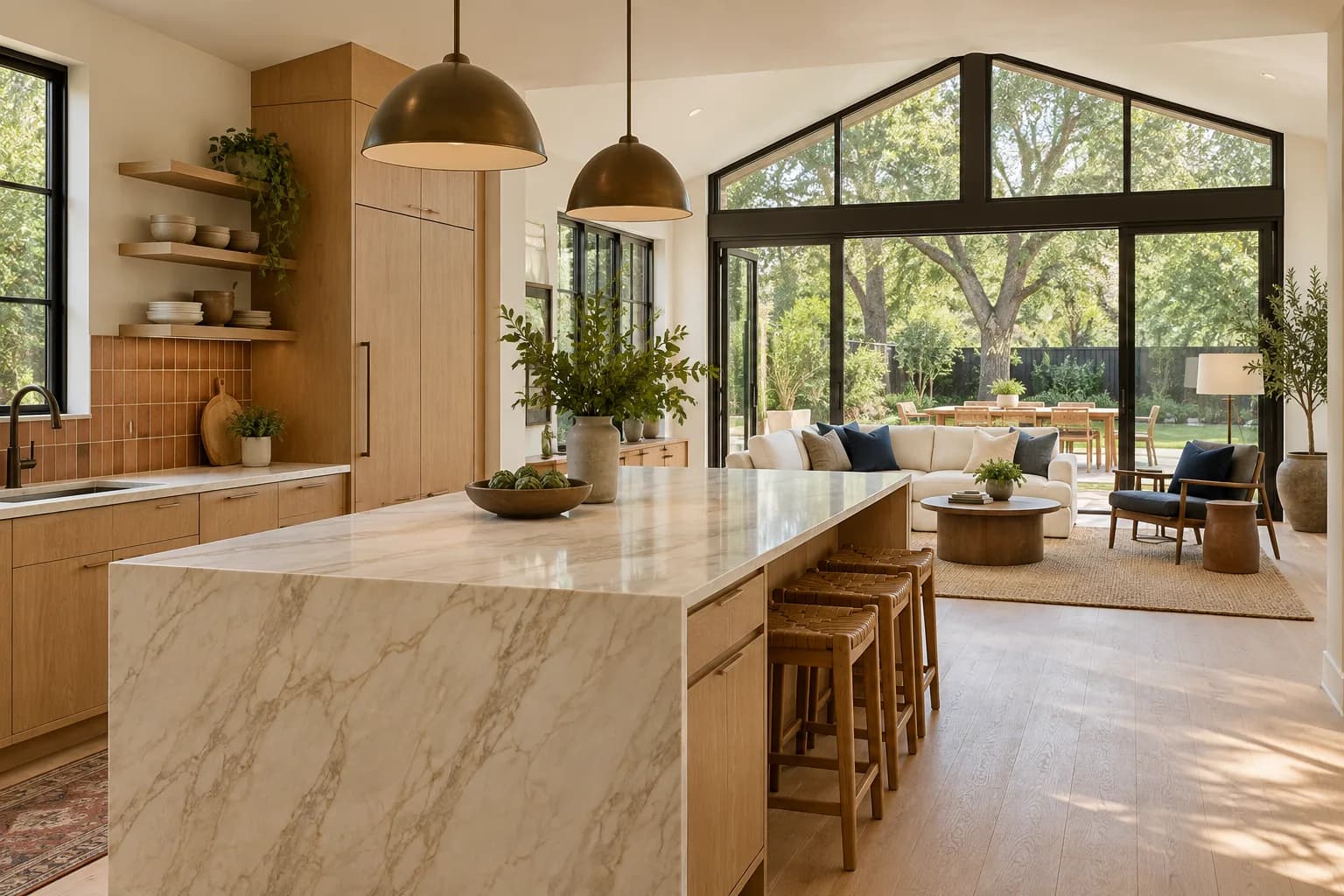 Concept image of a light-filled Bouldin kitchen with an oak and stone island