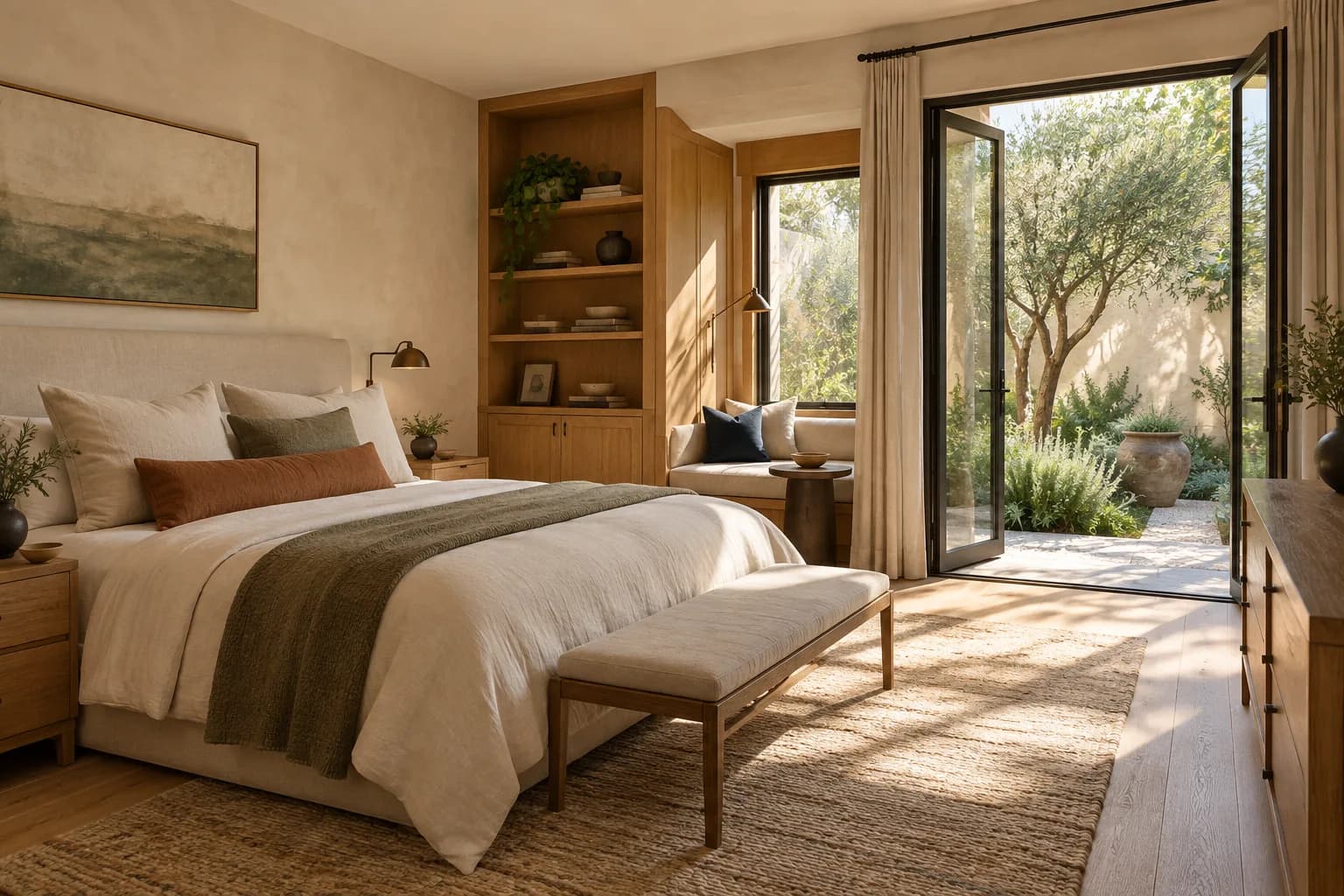 Concept image of a quiet Mueller primary suite opening to a planted courtyard