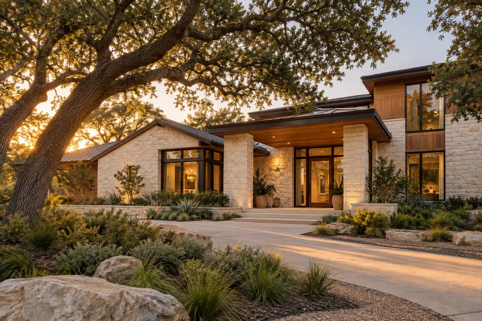 Concept image of a contemporary Austin home beneath mature live oak trees