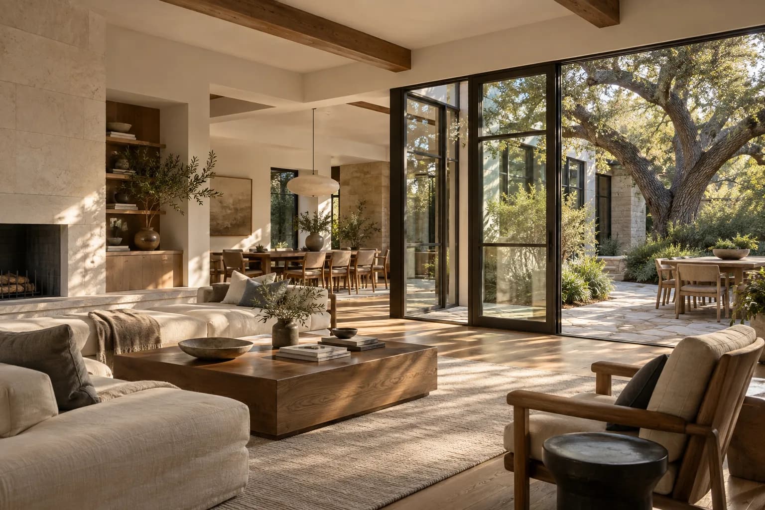 Concept image of a warm Tarrytown living room opening to a shaded courtyard
